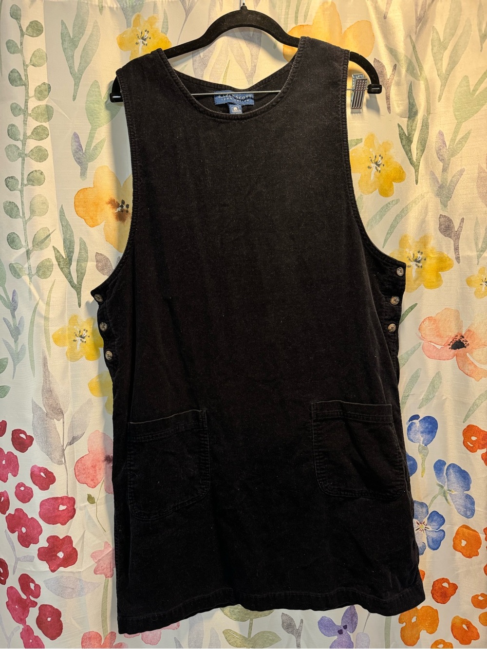 Karen Scott Corduroy Black Sleeveless Pinafore Dress with Patch Pockets
